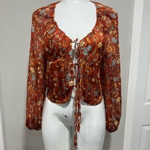 Fashion Nova Rust Floral Tie-Front Blouse